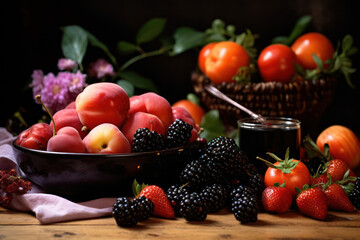 Wall Mural - Juicy, Sweet, and Fresh: A Colorful Collection of Ripe Red Berries on a Wooden Table.