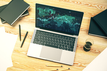 Aufkleber - Abstract creative financial diagram with world map on modern computer monitor, banking and accounting concept. 3D Rendering