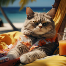 This Vibrant Image Captures A Stylish Cat Relaxing On A Colorful Beach Chair Amidst A Tropical Paradise