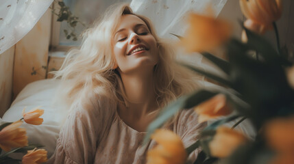 Wall Mural - Beautiful young woman with tulips flowers