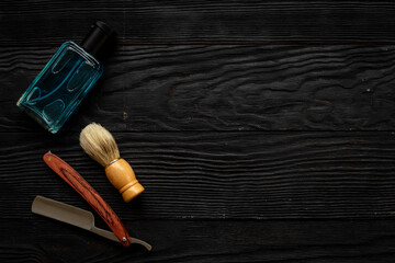 Set of shaving tools and cosmetic products in barbershop