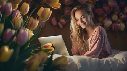 Wall Mural - Beautiful young woman with tulips flowers