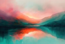 An Abstract Landscape That Conveys The Concept Of A Sunrise Over A Mountain Lake With Pink And Orange Clouds Reflecting In The Still, Turquoise Water