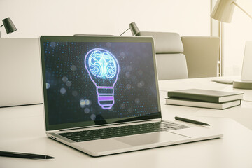 Aufkleber - Creative light bulb with human brain hologram on modern laptop monitor, artificial Intelligence and neural networks concept. 3D Rendering