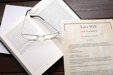 Wall Mural - Last Will and Testament, books and glasses on wooden table, top view