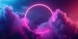 Cloud Illuminated With Neon Magenta Light Ring On Dark Round Frame. Сoncept Night Sky Photography, Neon Light Art, Creative Light Manipulation, Abstract Photography, Light Painting