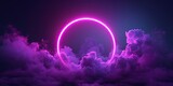Fototapeta Kosmos - Cloud Illuminated With Neon Violet Light Ring On Dark Round Frame. Сoncept Night Sky Photography, Neon Light Art, Cosmic Atmosphere, Celestial Beauty