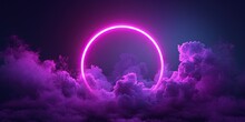 Cloud Illuminated With Neon Violet Light Ring On Dark Round Frame. Сoncept Night Sky Photography, Neon Light Art, Cosmic Atmosphere, Celestial Beauty