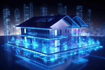 Poster - smart home setup. A modern living space equipped with smart home devices like smart lights, tv and voice - controlled assistants. Smart home interior with augmented reality. AI generative.