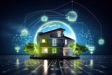 Poster - smart home setup. A modern living space equipped with smart home devices like smart lights, tv and voice - controlled assistants. Smart home interior with augmented reality. AI generative.