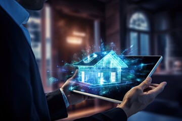 Poster - Smart home setup Control from your phone or tablet. A modern living space equipped with smart home devices like smart lights, tv and voice - controlled assistants. AI generative