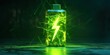 Lithium Ion Battery With A Lightning Bolt Icon , Water Illuminated With Neon Green Light Battery Shape On Dark Battery Shape
