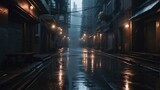 Fototapeta Fototapeta Londyn - Dystopian scary dark alley way in cyberpunk city with buildings and rain from Generative AI