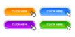 Click here web buttons with hand cursor. Set of action button with arrow pointer. Click button. Modern action button mouse click symbol. Computer mouse click cursor or Hand pointer symbol.
