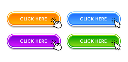Fototapete - Click here web buttons with hand cursor. Set of action button with arrow pointer. Click button. Modern action button mouse click symbol. Computer mouse click cursor or Hand pointer symbol.