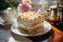 Generative AI Illustration Of Piece Of Layered Carrot Cake With Cream Cheese Frosting On Plate With A Tea Set And Flowers In The Soft Focus Background