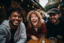 Generative AI Illustration Of Three Friends Burst Into Laughter While Enjoying Each Other Company At A Rustic Outdoor Pub Embodying A Sense Of Warmth