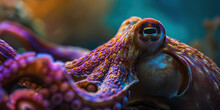 Generative AI Illustration Of Close Up Of A Textured Octopus With A Striking Purple Hue Nestled Among Marine Flora In Its Underwater Environment