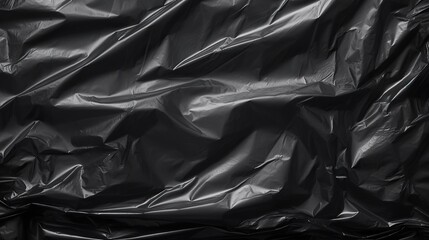 Wrinkled black plastic texture, black background wallpaper. Crumpled plastic surface