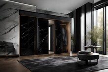 To Introduce A Touch Of Luxury And Sophistication, The Wardrobe Features Sleek Black Marble Doors. The Smooth, Polished Surface Of The Marble Provides A Striking Contrast To The Warmth Of The Wooden