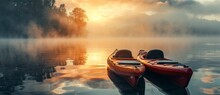 Two Kayaks Glide Peacefully Across The Serene Lake, Their Reflections Mirrored In The Still Waters As The Morning Fog Gently Lifts To Reveal A Breathtaking Sunrise