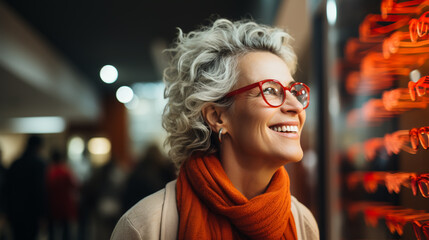 Wall Mural - Elderly woman choosing reading glasses in optical shop