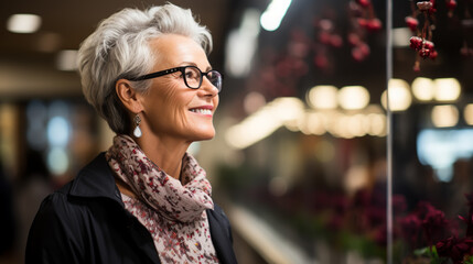 Wall Mural - Elderly woman choosing reading glasses in optical shop