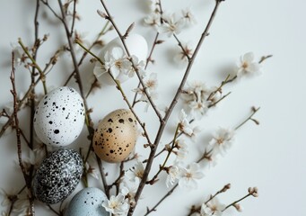 Canvas Print - Easter eggs and branches on a white background