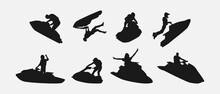 Jet Ski Silhouette Collection Set. Sport, Race, Vehicle, Vacation Concept. Different Actions, Poses. Monochrome Vector Illustration.