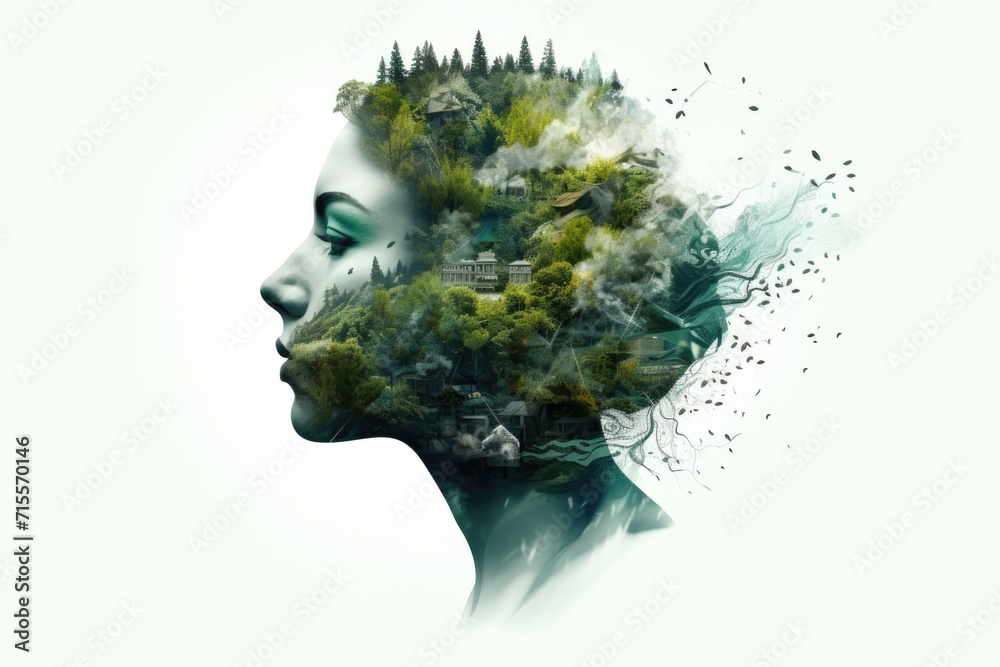 Double exposure of a girl's face in profile and forests with mountains ...