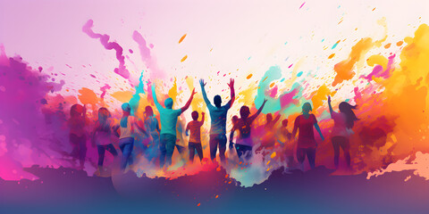 Wall Mural - Illustration of a crowd of people at colorful holi festival celebration 