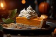 Pumpkin pie slice with a dollop of whipped cream. Generative ai