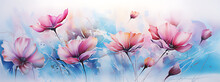 Flower Whimsical Watercolor Painting Wallpaper - Turquoise Pink Purple Floral Oil Painting Panorama Artwork - Horizontal Colorful Modern Hand Painted Landscape Panoramic Luxury Canvas Art