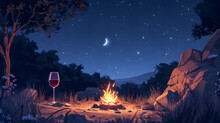 Lo-fi Illustration Of Wine Glass By A Firepit In A Camp Site. Moonlight. StarsDrinks.