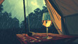 Lo-fi illustration of wine glass on a table inside a tent. raining outside. Drinks.