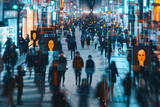 Fototapeta Londyn - Crowd of tracked with technology walking on a busy city street. CCTV AI Facial recognition big data Analysis Interface Scanning