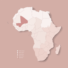  Vector Illustration with African continent with borders of all states and marked country Mali. Political map in brown colors with western, south and etc regions. Beige background