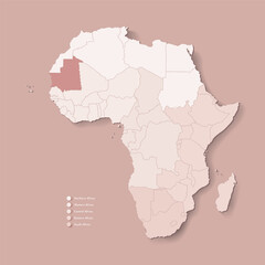 Naklejka na meble Vector Illustration with African continent with borders of all states and marked country Mauritania. Political map in brown colors with western, south and etc regions. Beige background