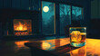 Lo-fi illustration of whisky glass on the rocks on a low table in a livingroom. Moonlight. fireplace.  Drinks.