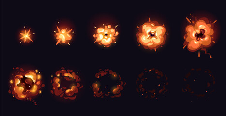Explosion cartoon animation. Smoke and fire animation frame by frame, comic game asset of bomb blast effect. Vector game sprite of dynamite explosion