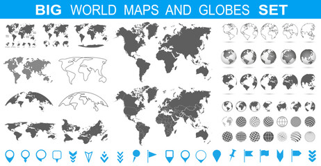 Wall Mural - world maps and globes big set with pins collection, different world map