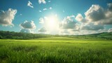 Fototapeta Natura - Glorious Sun Illuminates Green Field Through Clouds