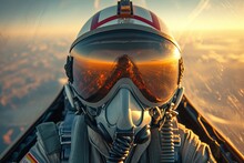 Pilot With Sun Visor And Breathing Mask In Cockpit During Flight, Military Aircraft, Fighter Jet, War And Flight Space, Air Raid.