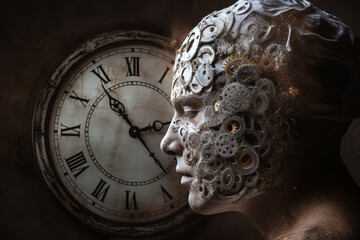 Wall Mural - Abstract concept of time passing by. Human silhouette and old clock representing past time. Turn back time concept. Melancholic mood