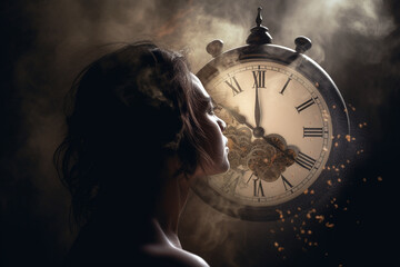 Wall Mural - Abstract concept of time passing by. Human silhouette and old clock representing past time. Turn back time concept. Melancholic mood