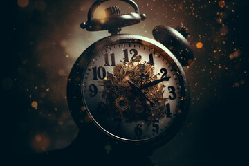 Wall Mural - Abstract concept of time passing by. Human silhouette and old clock representing past time. Turn back time concept. Melancholic mood