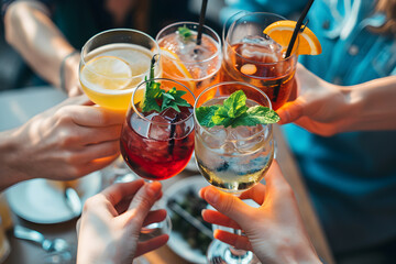 Summer concept - young people toasting with different cockatils in open cafe