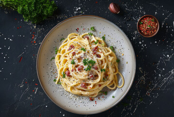 Wall Mural - Top view carbonara on a plate, with pepper, garlic, and parsley on the side