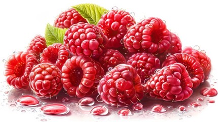 Wall Mural - Fresh, Ripe Raspberries With Glistening Water Droplets in Clear Detail