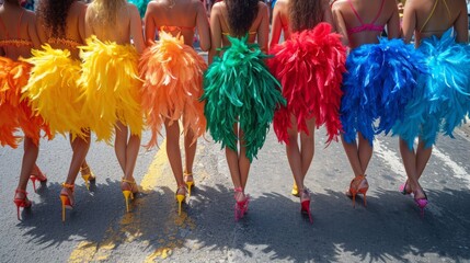 Wall Mural - Brazilian Carnival. Group of friends celebrating carnival party, back of women legs.
